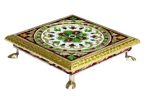 Wooden Handcrafted Meenakari Chowki for pooja -8X8 inch - Picture 1 of 4