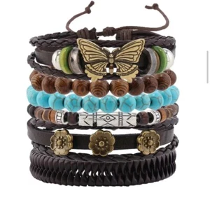 Brown Leather Braided Butterfly Flower Multi Wristband Unisex Boho Bracelet UK - Picture 1 of 3