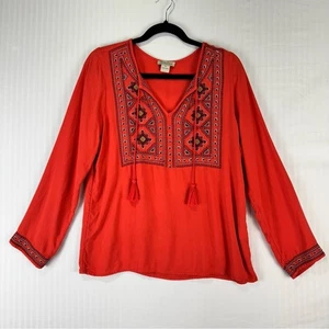 Lucky Brand Embroidered Coral Orange Blouse Split Neck Peasant Top Size Medium - Picture 1 of 6