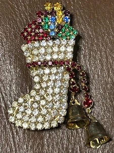 Vintage  Rhinestone Christmas Stocking With Presents Brooch Pin2.5" Long - Picture 1 of 3