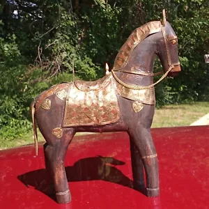 Hand Carved Wood Horse Statue With Brass an copper India art Décor statue - Picture 1 of 12