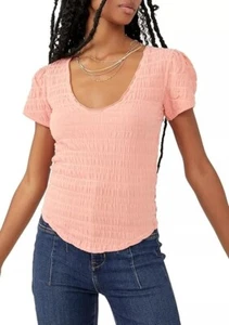 Free People Sugar Cube Women's Size Small Burnt Coral Pink V-Neck Ruched Top NWT - Picture 1 of 13