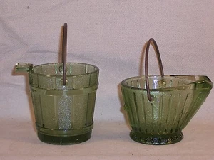 Vintage Bucket Green Glass Coal Bucket w/ Handle Set / Toothpick Holder - Foto 1 di 8