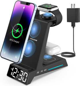 Wireless Charging Station - 4 in 1 Charger with Alarm Clock, Black