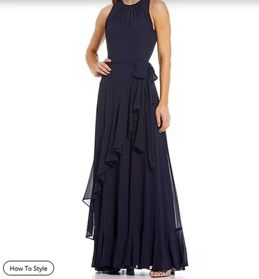 Maxi Vestido Formal ALEX MARIE 10 Colette Azul Marino con Volantes Dobladillo En Niveles Corbata Cintura $178 Foto 1 de 4
