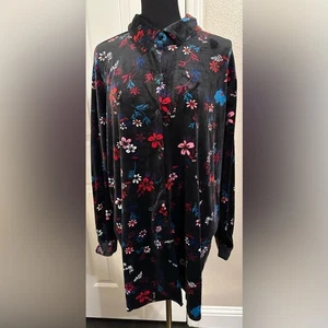 Woman Within Langarm-Top Samt Knopfleiste 26/28 schwarz Blumenmuster Kragen 2X - Bild 1 von 11