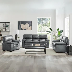Oxford Sofa Suite Faux Leather - Slate Grey - Picture 1 of 21