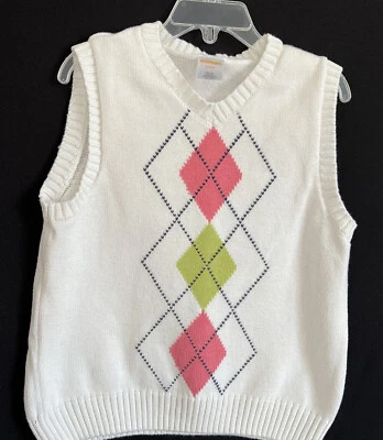 Gymboree Boys Sweater Vest Sleeveless Knit White Green Argyle S 5-6 Golf - Image 1 of 4