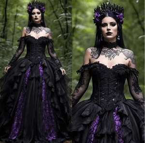 Vintage Purple And Black Gothic Wedding Dresses Lace Appliques Ruffles Corset - Picture 1 of 10