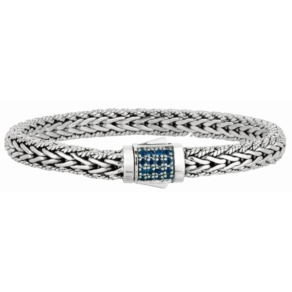 Brazalete de 7 mm de plata esterlina con patrón de trigo con bloqueo de zafiro azul de 7,5" Foto 1 de 1