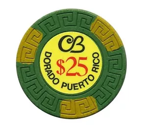 $25 CB CERROMAR BEACH Hotel CASINO Chip Green Gold DORADO Puerto Rico Large Key - Picture 1 of 2