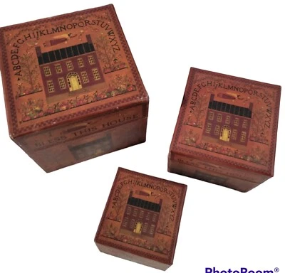 Bobs Boxes 3 Stacking Folk Art Boxes Bless this House Angel Storage Prim - Image 1 of 4