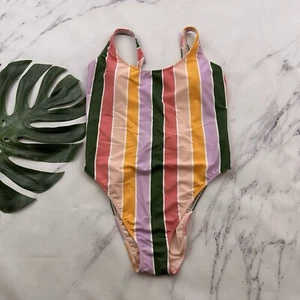 Hollister Swim Womens One Piece Swimsuit Size XL Pink Green Stripe Low Back - Picture 1 of 8