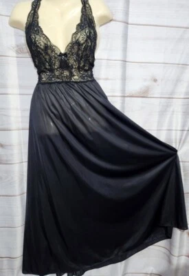 De Colección Shadowline M Negro Satinado Camisón Vestido Sin Mangas Encaje Busto Nylon LARGO Completo Foto 1 de 4