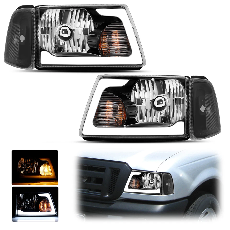 For 2001-2011 Ford Ranger Pickup LED Tube Black Headlights Headlamps Left+Right Foto 1 de 4