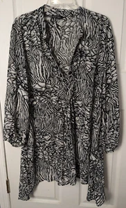 Sapogee Black White Top 3X Sheer Op Art Print Long Sleeve Tunic Beaded V Neck - Picture 1 of 4