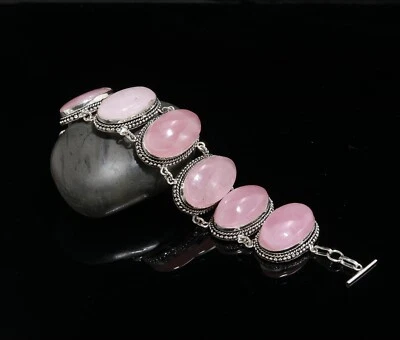 Brazalete de plata de ley 925 con piedras preciosas de cuarzo rosa natural regalo para madre 7-8" Foto 1 de 4