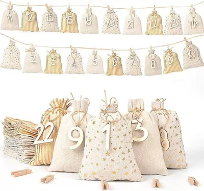 Adventskalender zum Befüllen 24 Stk. Jutebeutel Weihnachtskalender Säckchen - Bild 1 von 4