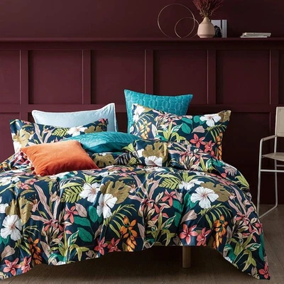 Eikei Midnight Teal Botánica Funda Nórdica Algodón Egipcio Ropa de Cama Super King Set Foto 1 de 4