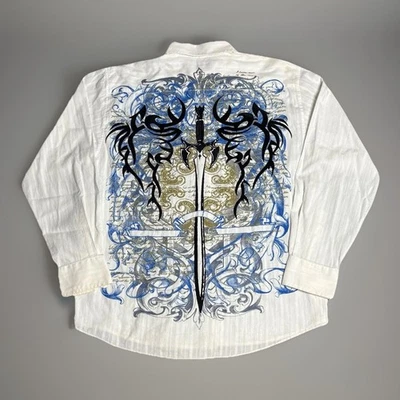 Sz L- Y2K-style Eighty Eight tribal print long sleeve shirt men’s white grunge - Image 1 of 4