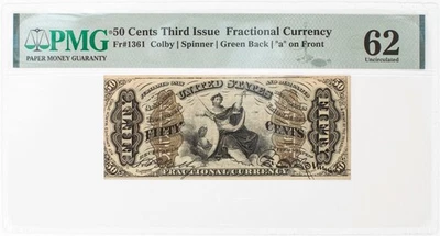 Fr-1361, 50c Justice "a" w/Green Back, 3rd Issue, US Fractional, PMG 62 - Image 1 of 4