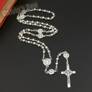 Italy St. Benedict Medal Rosebud Bead Rosary Necklace Crucifix Cross Gift - Picture 1 of 12