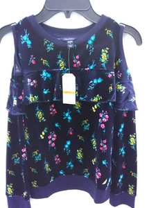 Nautica Girls Cold Shoulder Long Sleeve Floral Shirt Navy Blue  Choose Size New - Picture 1 of 8