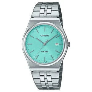 Casio Vintage Silver Turquoise Blue Stainless Steel Classic Watch MTPB145D-2A1 - Picture 1 of 5