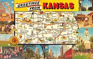 Postcard KS: Greetings from Kansas, Map, Chrome, Unposted, Multiview - Picture 1 of 2