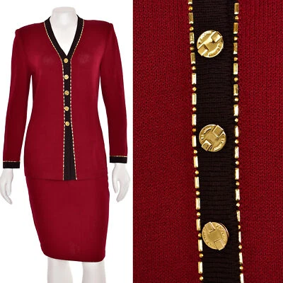 Conjunto de chaqueta y falda tejida Santana rojo oscuro/marrón St John Knits 2 piezas Foto 1 de 4