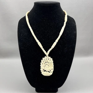 Vintage Carved Peacock Pendant Beaded Necklace Statement - Picture 1 of 6