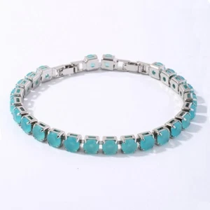 New Party Jewelry Round 6mm Light Blue Jade Gemstone Silver Women Girl Bracelet - Picture 1 of 6