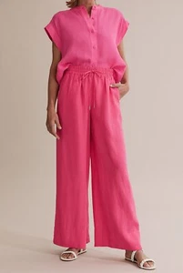 COUNTRY ROAD Flamingo Pink Pockets 100% Linen Palazzo Relaxed Wide Pants 10 - Picture 1 of 16