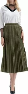 Women's Suede Stretchy High Waist Velvet Pleated Ruffled Midi Long Swing Skirt - Picture 1 of 37