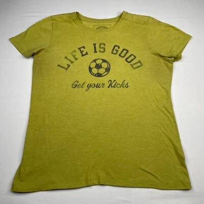 Life Is Good T Shirt Women Medium Soccer Get Your Kicks V Neck Green/Yellow - Image 1 of 4