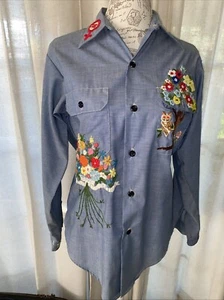 Camisa vintage bordada a mano con botones Sears 14-14,5 Peace Owl floral boho - Imagen 1 de 13
