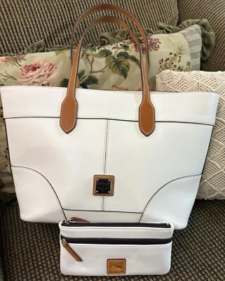 Dooney Bourke Bundle Set White Smooth Leather Tote Bag & Zip Pouch Wallet - Image 1 of 4