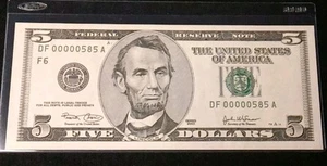 2003 $5 Dollar Note Bill, Uncirculated Note Bill, Low Serial Number x585 - Picture 1 of 3