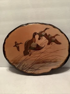 Vintage Raw Edge Laquered Wood Slice With Hand Painted Blue Wing Teal Scene - Picture 1 of 5