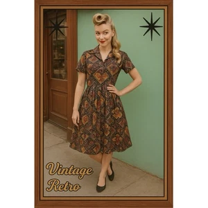 Vintage Retro Floral Short Sleeve 1950s 50s House Dress Swing V-Neck Day S - Picture 1 of 8