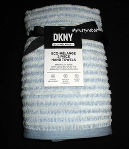 DKNY Blue & White Striped Bathroom Hand Towels Set of 2 - Plush Cotton Blend - Picture 1 of 4