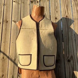 Vintage Men’s Suede To Shearling Vest With Brown Canvas Piping Sz M - Picture 1 of 16