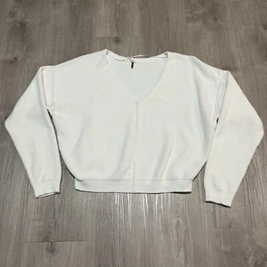 Free People Felpa Donna XS Bianca Scollo a V Cropped Oversize Boho Hippie - Foto 1 di 6