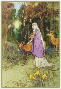Woman Walking Woods Timid Dun Deer Warwick Goble Counted Cross Stitch Pattern - Picture 1 of 9