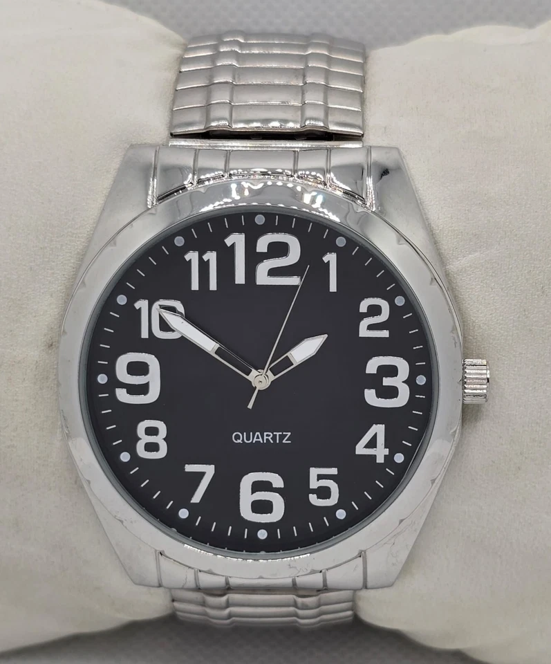 Reloj Accutime para hombre grande redondo esfera negra tono plateado caja correa de expansión 03 Foto 1 de 1