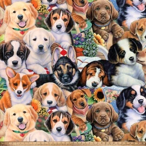 Garden Dog Puppies Print Fleece Fabric - 60" Wide - Sold by The Yard - Picture 1 of 1