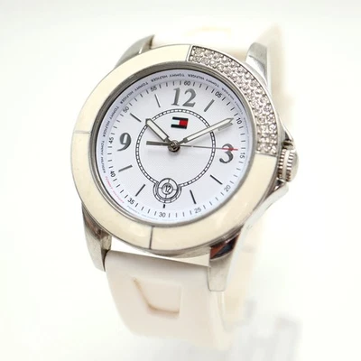 Tommy Hilfiger Womens 39mm Gem Bezel Watch White Silicone Strap w New Battery - Image 1 of 4