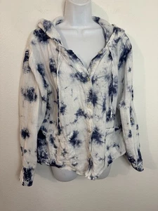 Rachel Zoe Damen Jacke 100% Leinen Kapuze Knopfleiste Blau Batik Beachy L - Bild 1 von 5