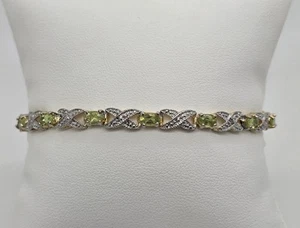 DEE BERKLEY YELLOW GOLD OVER STERLING SILVER PERIDOT AND DIAMOND TENNIS BRACELET - Picture 1 of 15