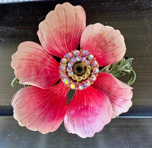 Lisner Brosche Vintage rosa Blume signiert 60er LESEN 2,5" lang fehlende Strasssteine - Bild 1 von 9